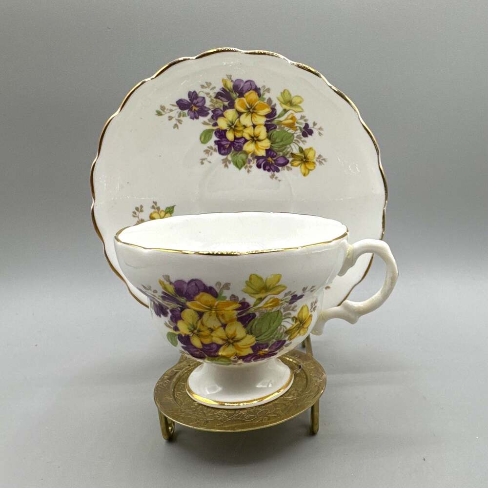 Violets England Bone China Floral Tea Footed Cup & Saucer Set Gold Trim 2-Piece
